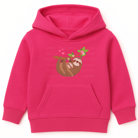 Girls hot pink hoodie with two cute sloths cuddling hanging from a branch surrounded by pink hearts and flowers.