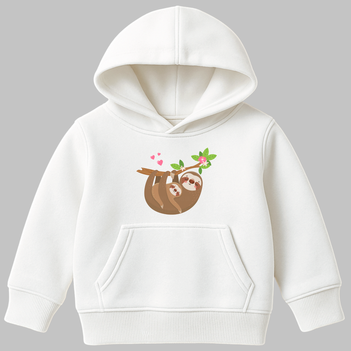 Girls white hoodie with two cute sloths cuddling hanging from a branch surrounded by pink hearts and flowers.