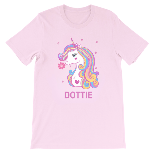 Girls personalised unicorn t-shirt with custom name “Dottie” on light pink kids tee, cute rainbow unicorn design with flowers