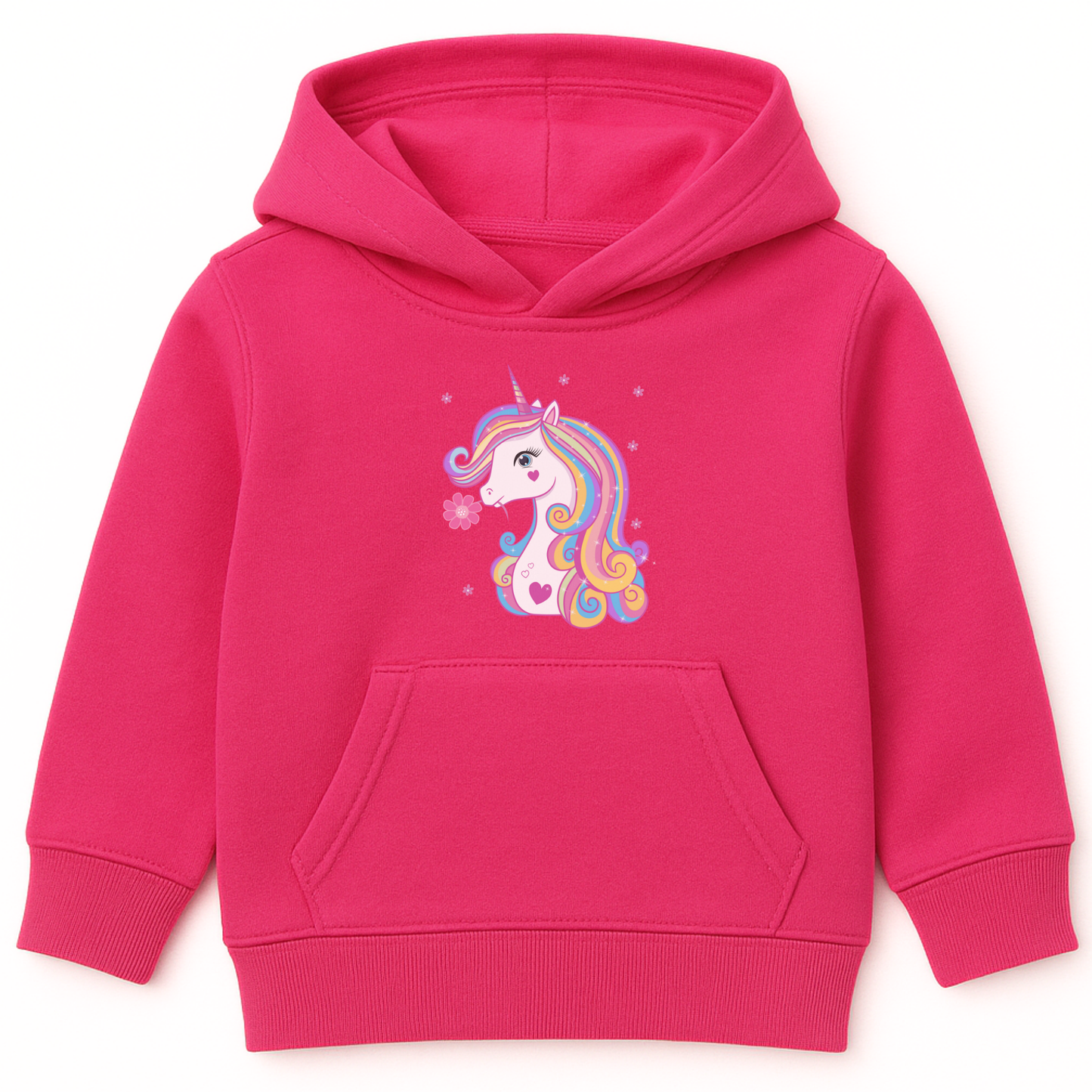 Hot pink girls hoodie featuring a pastel unicorn with a rainbow mane and a pink flower by its mouth, surrounded by delicate flower accents, displayed on a white background.