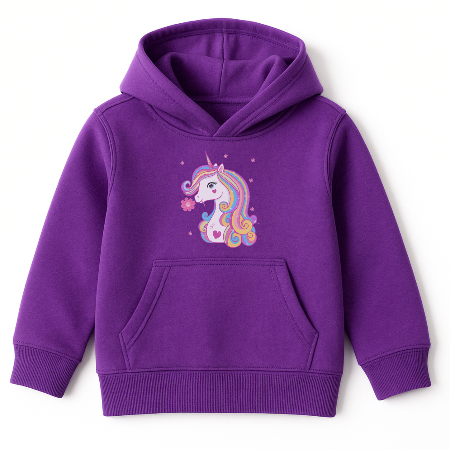 Purple girls hoodie featuring a pastel unicorn with a rainbow mane and a pink flower by its mouth, surrounded by delicate flower accents, displayed on a white background.