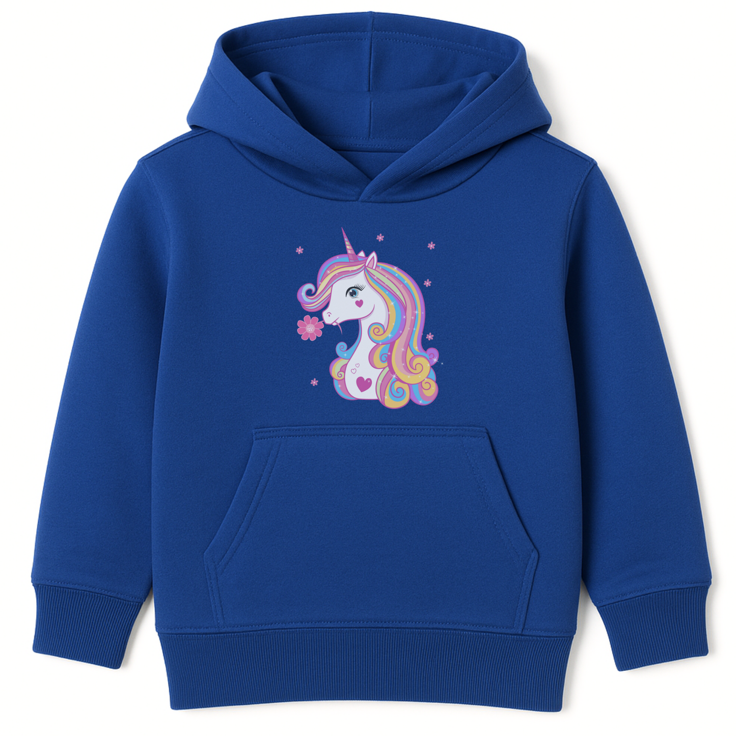 Royal blue girls hoodie featuring a pastel unicorn with a rainbow mane and a pink flower by its mouth, surrounded by delicate flower accents, displayed on a white background.