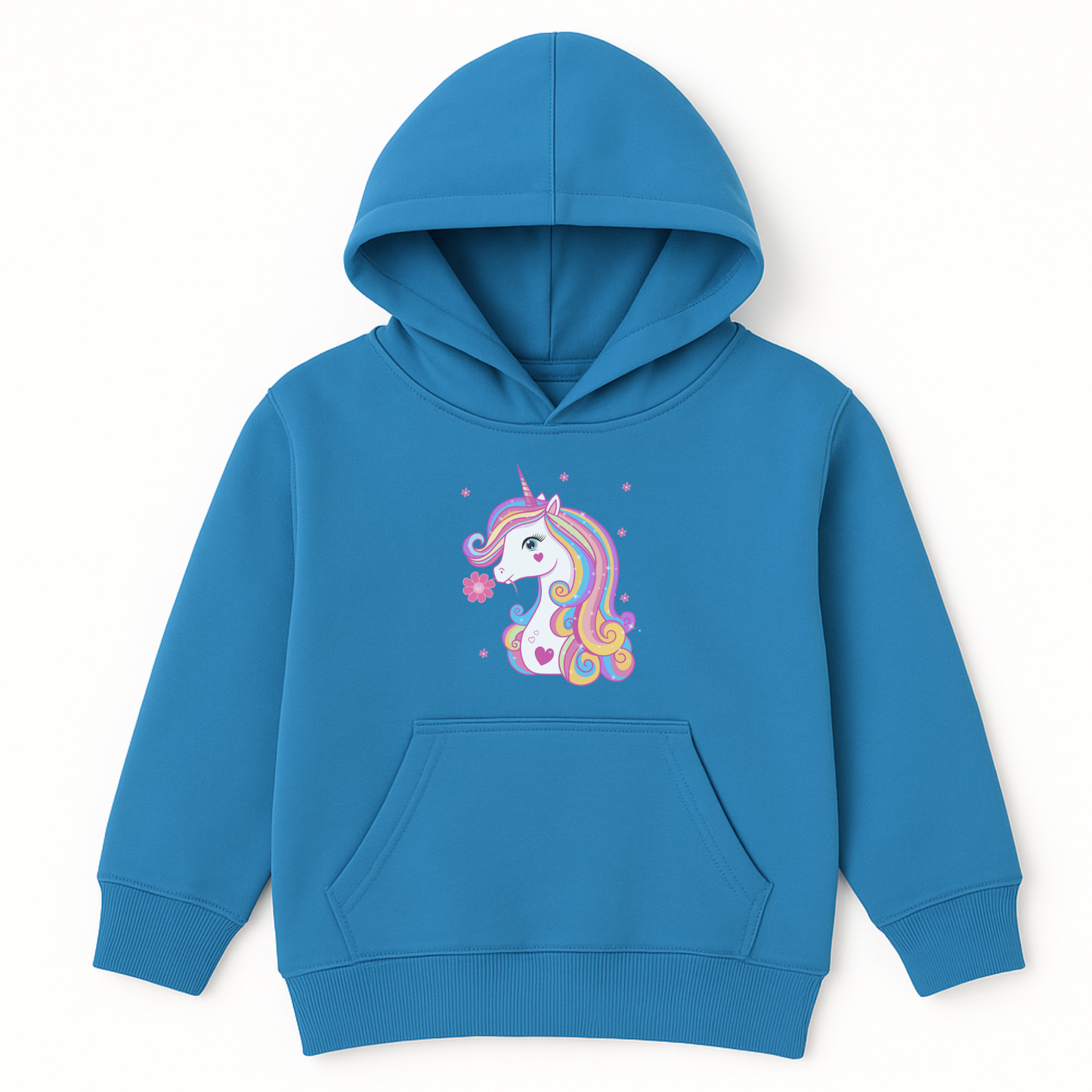 Sapphire blue girls hoodie featuring a pastel unicorn with a rainbow mane and a pink flower by its mouth, surrounded by delicate flower accents, displayed on a white background.