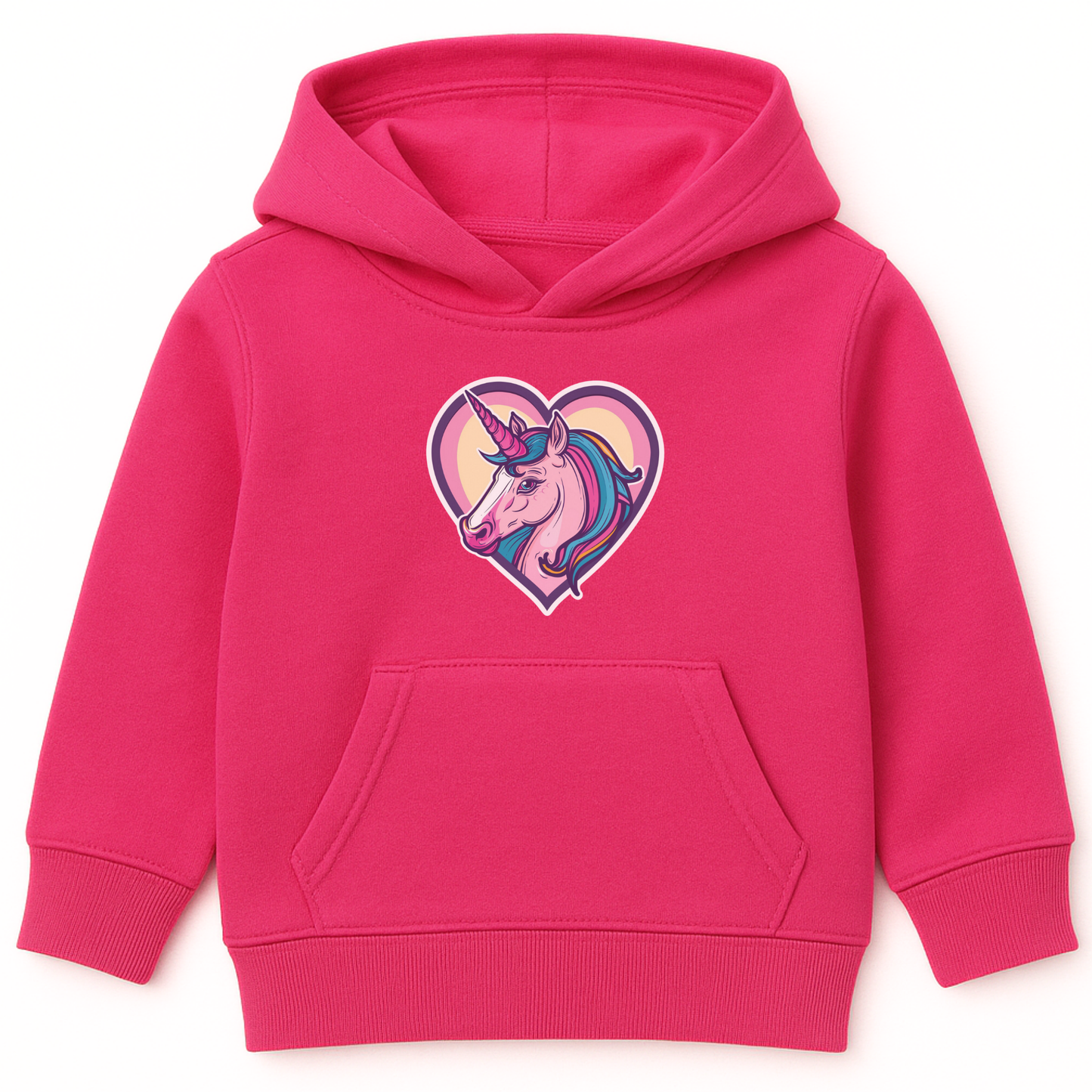 Girls hot pink hoodie featuring a colourful unicorn inside a pink and yellow heart.