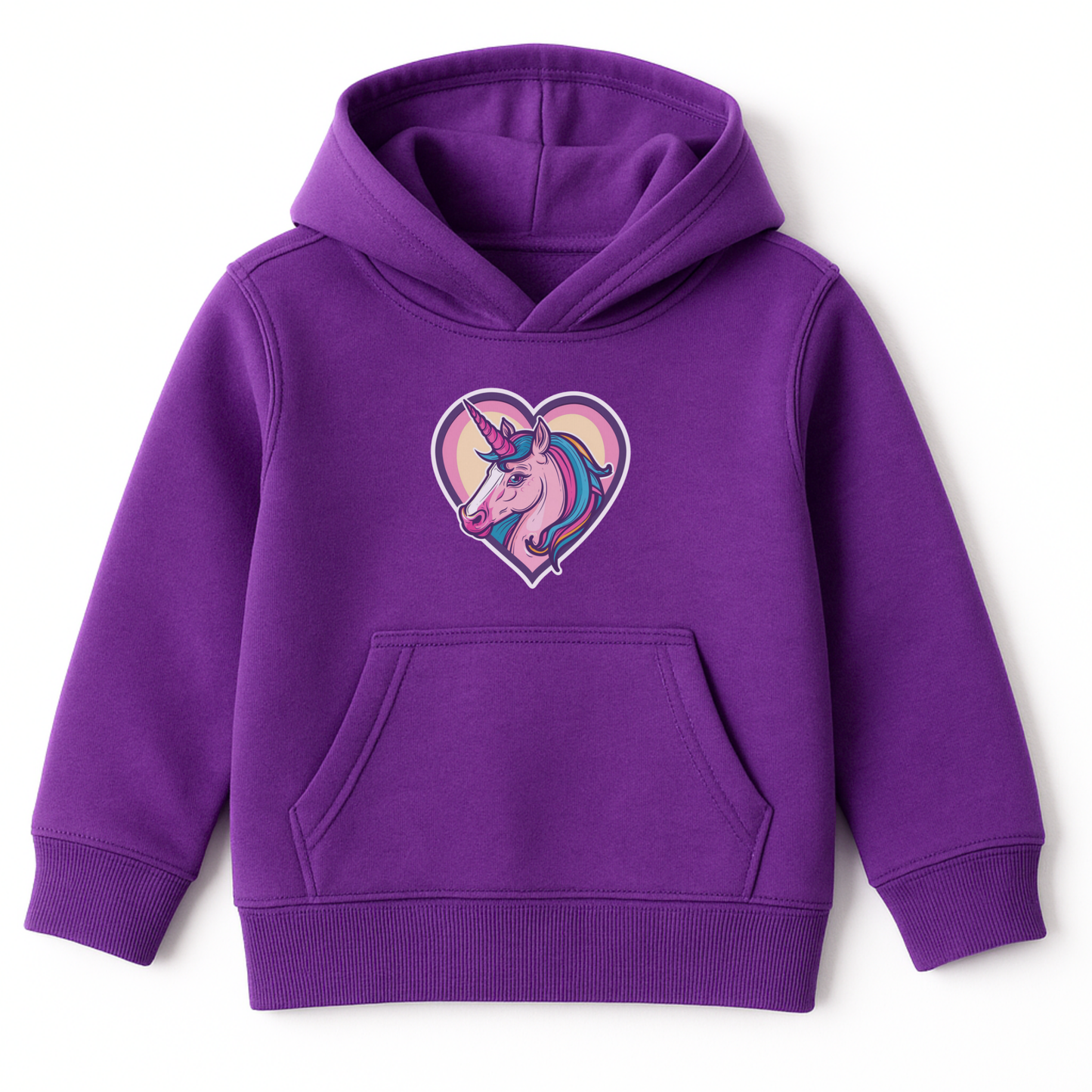Girls purple hoodie featuring a colourful unicorn inside a pink and yellow heart.