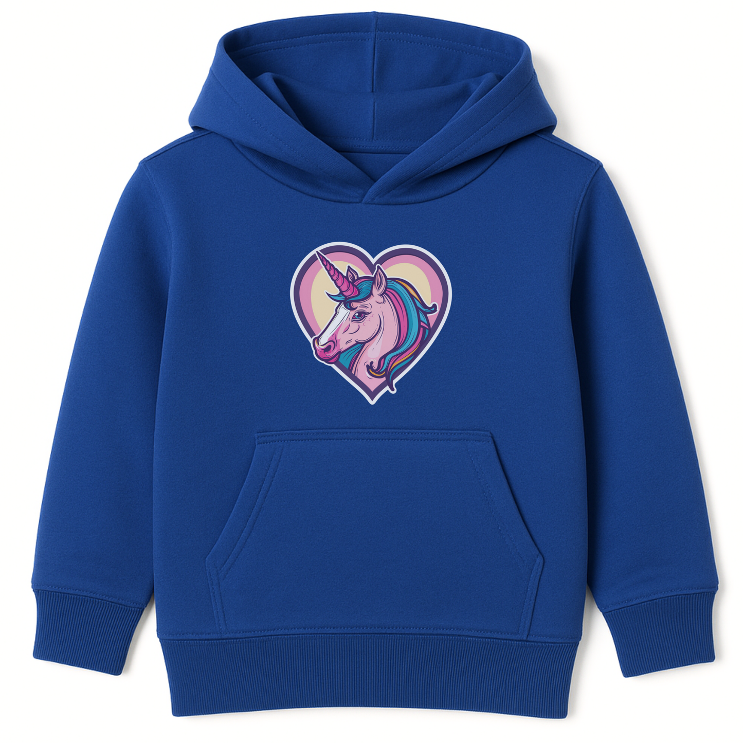 Girls royal blue hoodie featuring a colourful unicorn inside a pink and yellow heart.