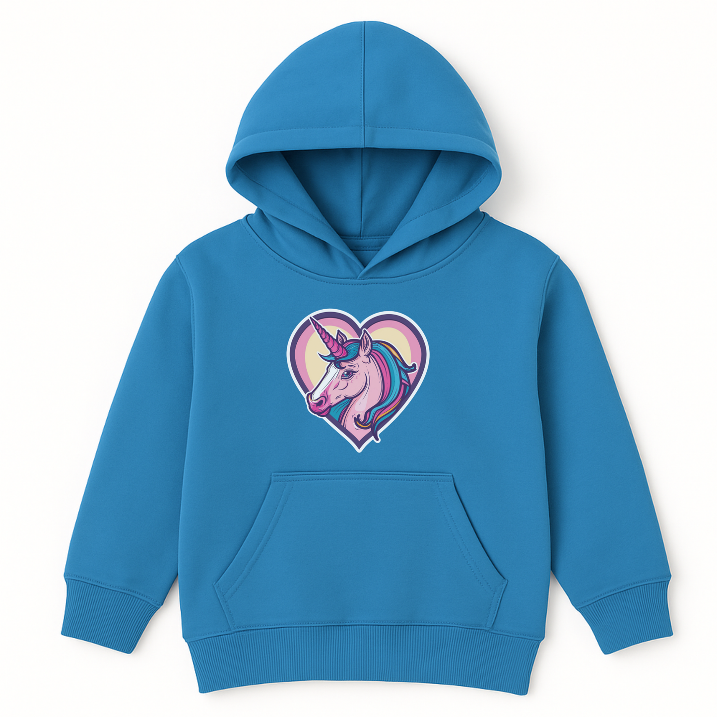 Girls sapphire blue hoodie featuring a colourful unicorn inside a pink and yellow heart.