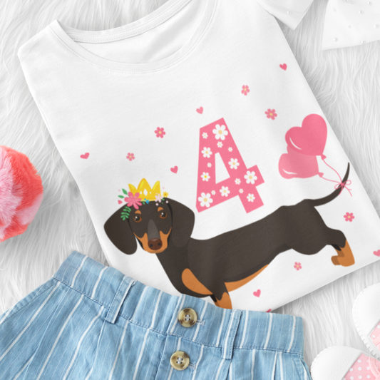 Girls white t-shirt with a birthday themed dachshund design and the number 4, paired with a denim skorts