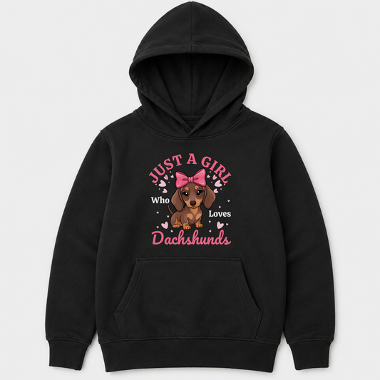 Black dachshund hoodie for girls with a bow-wearing puppy, pink hearts and “Just a Girl Who Loves Dachshunds” design.