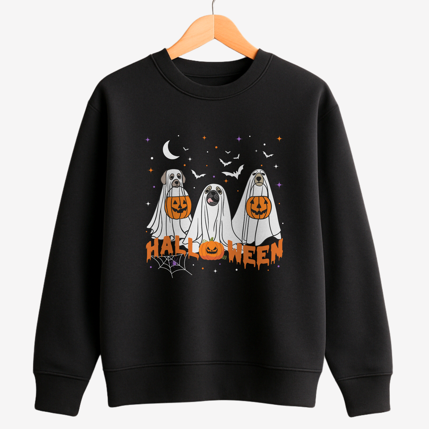 Kids black Halloween sweatshirt featuring three cute ghost dogs holding pumpkins with spooky background and “HALLOWEEN” text.