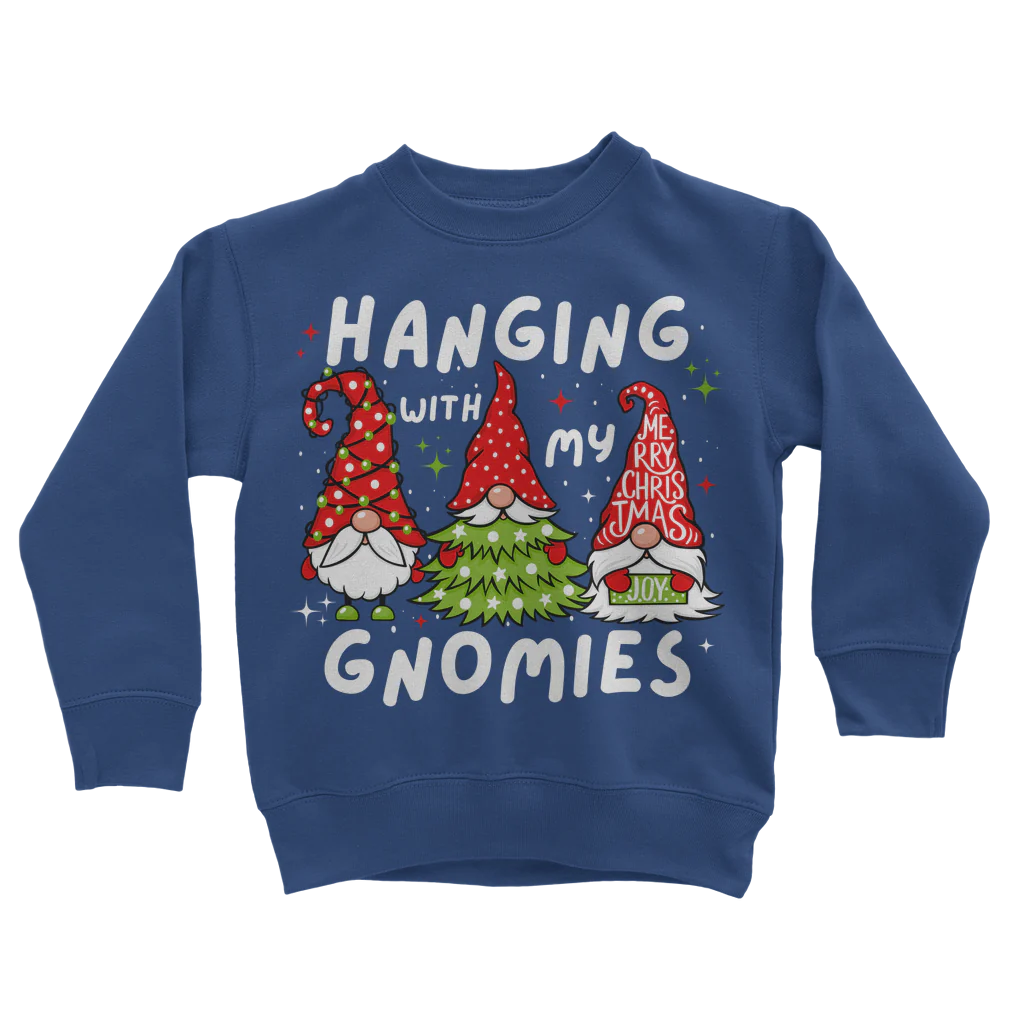 A kids royal blue Christmas jumper with the text 'Hanging with my Gnomies' and graphic of gnomes on it.
