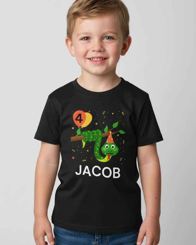 Boy wearing personalised snake birthday t-shirt with name Jacob and number 4 design, front view