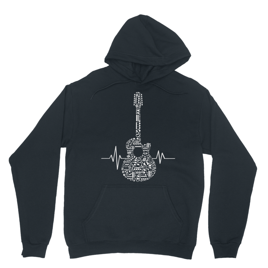 Adults navy hoodie with white heartbeat acoustic guitar made up of musical notes graphic on the front