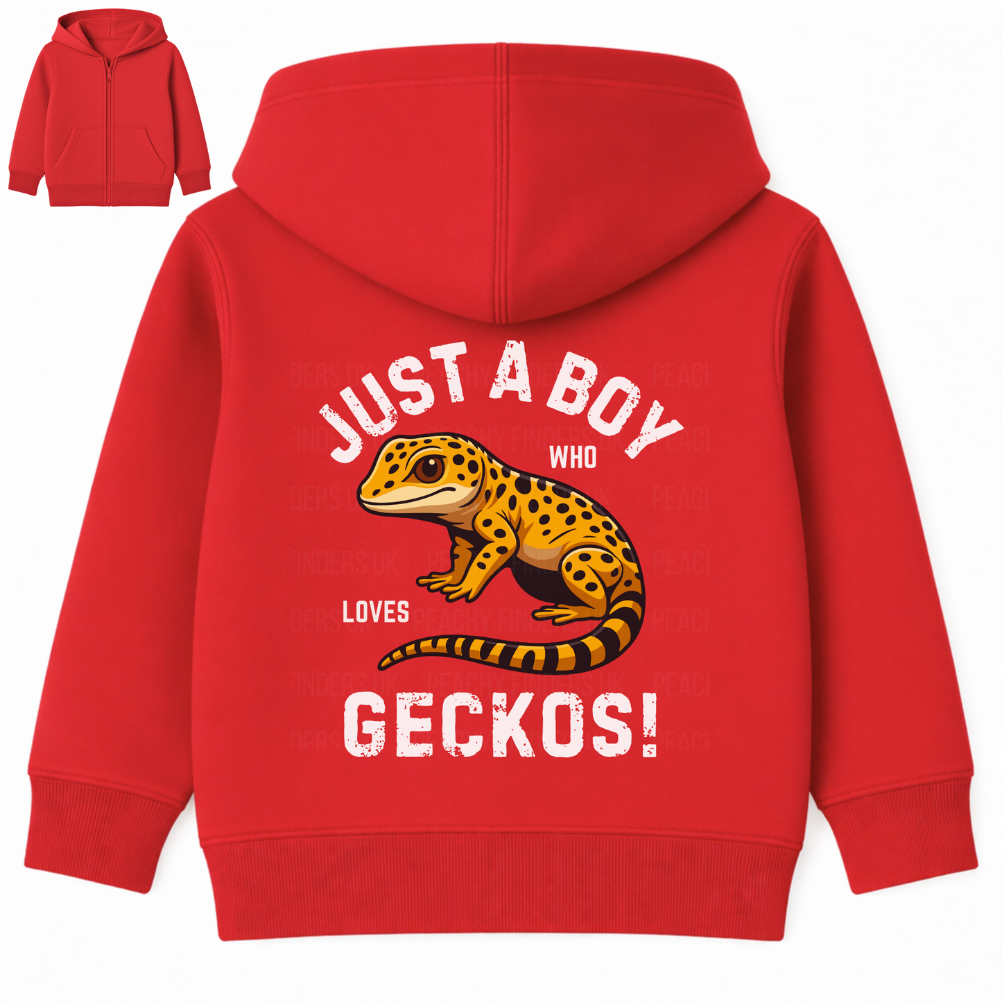 Red kids zip hoodie featuring “Just A Boy Who Loves Geckos!” slogan and yellow gecko illustration on the back, boys gecko zip hoodie ages 3–13.