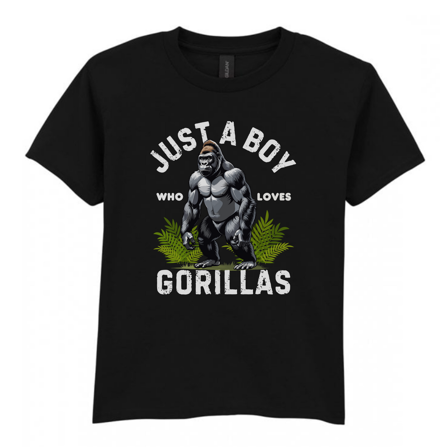 Boys black t-shirt with bold gorilla graphic and "Just a Boy Who Loves Gorillas" slogan.
