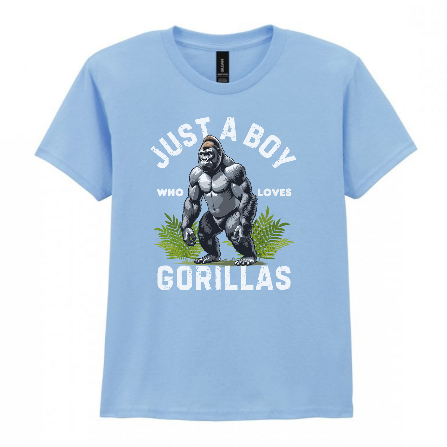 Boys light blue t-shirt with bold gorilla graphic and "Just a Boy Who Loves Gorillas" slogan.