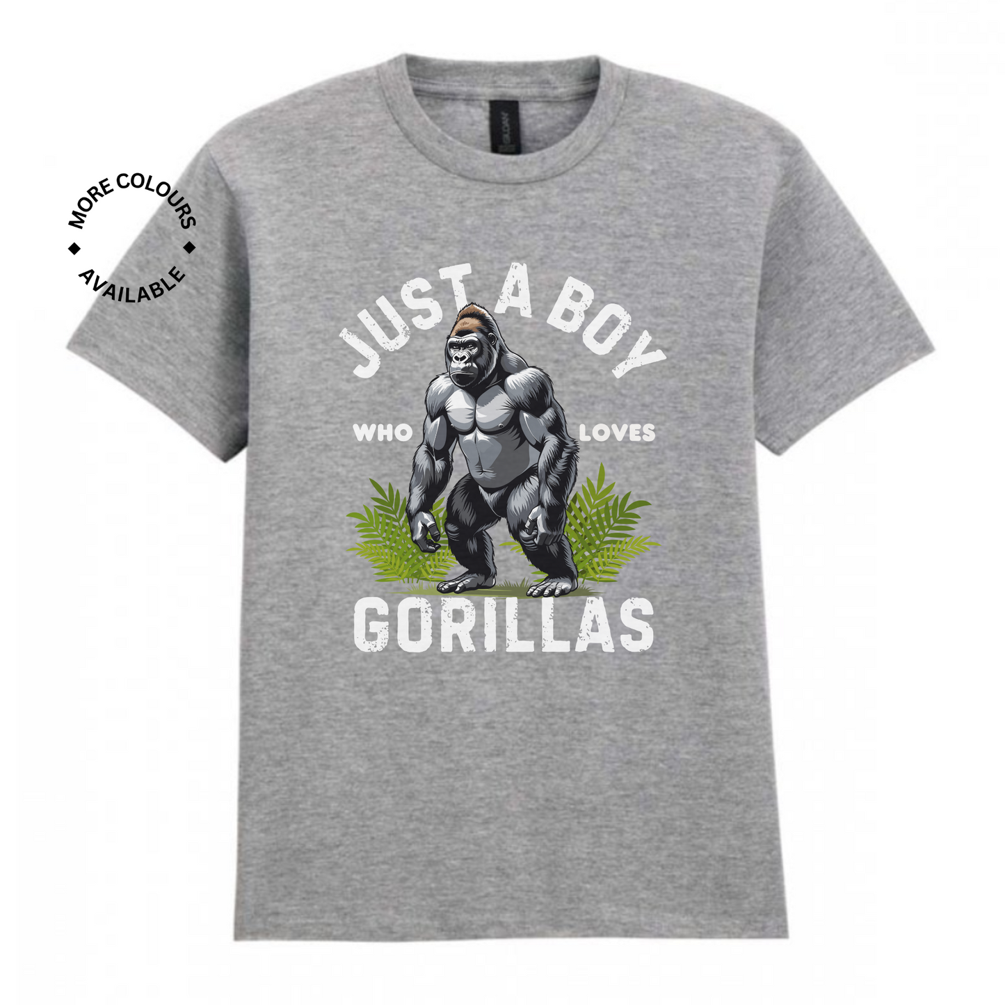 Gray t-shirt with a graphic of a gorilla and text 'Just a boy who loves gorillas' on a white background.