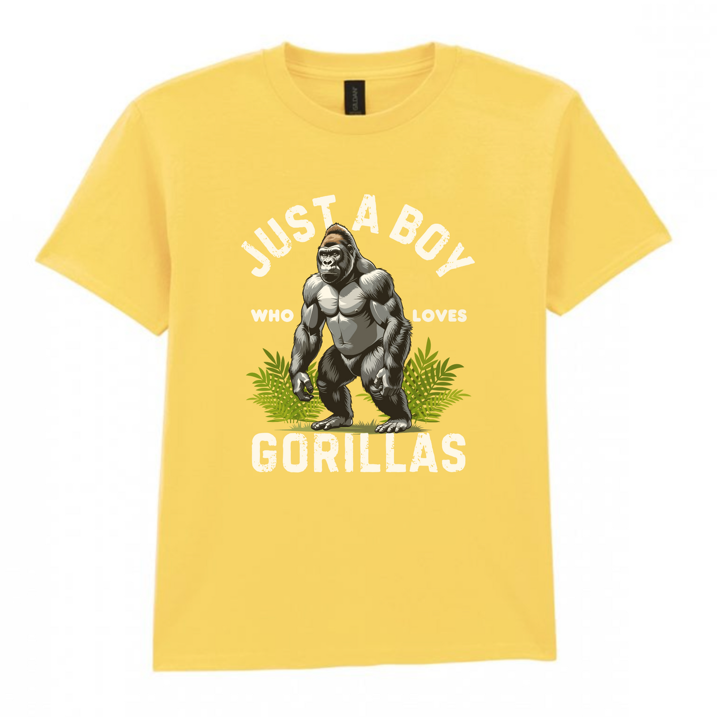 Boys yellow t-shirt with bold gorilla graphic and "Just a Boy Who Loves Gorillas" slogan.