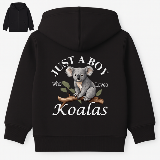 Kids black zip-up hoodie featuring a detailed back print design of a cute grey koala sitting on a brown tree branch with green leaves. The text above and below the koala reads “Just A Boy Who Loves Koalas” in white lettering