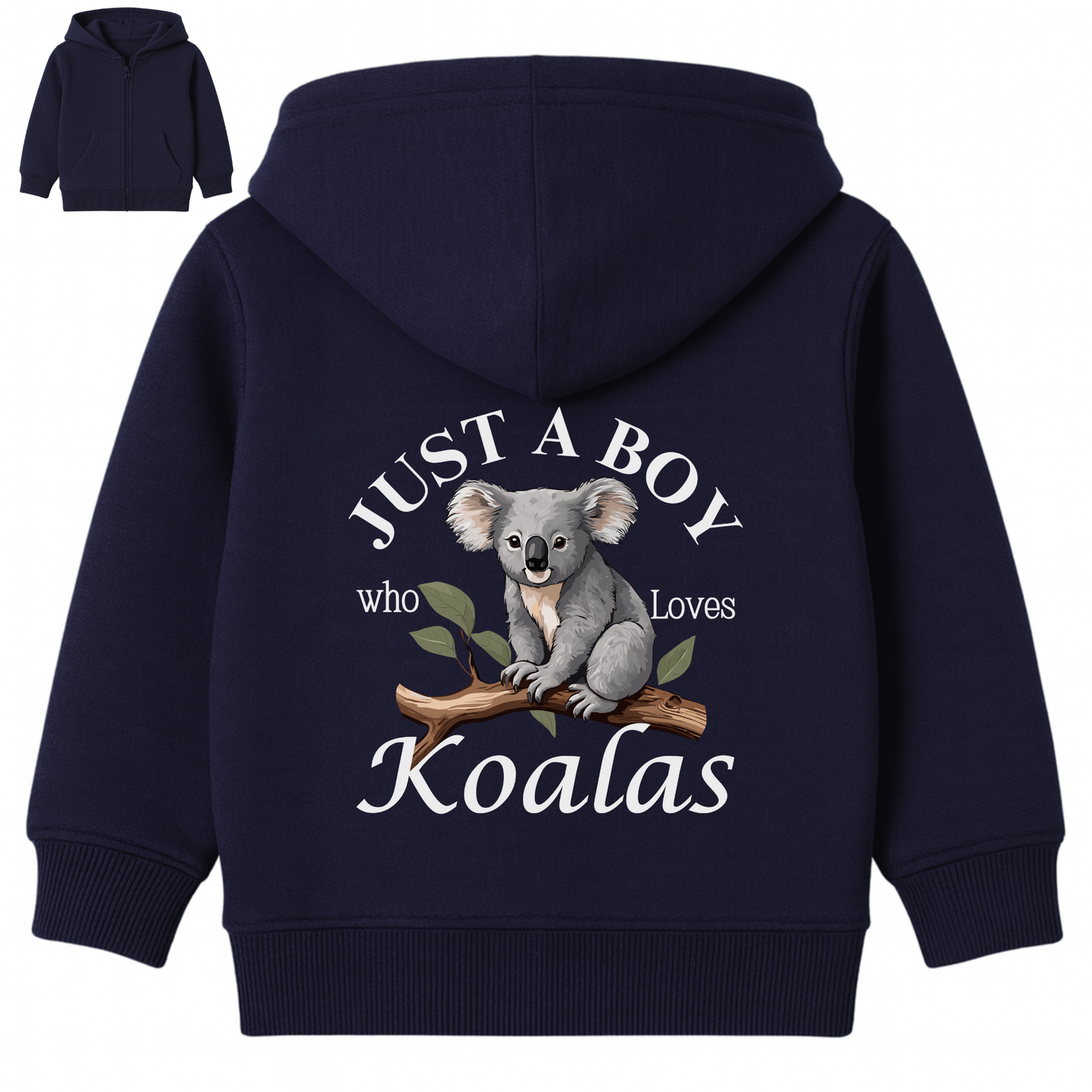 Navy kids zip-up hoodie featuring a detailed back print design of a cute grey koala sitting on a brown tree branch with green leaves. The text above and below the koala reads “Just A Boy Who Loves Koalas” in white lettering.