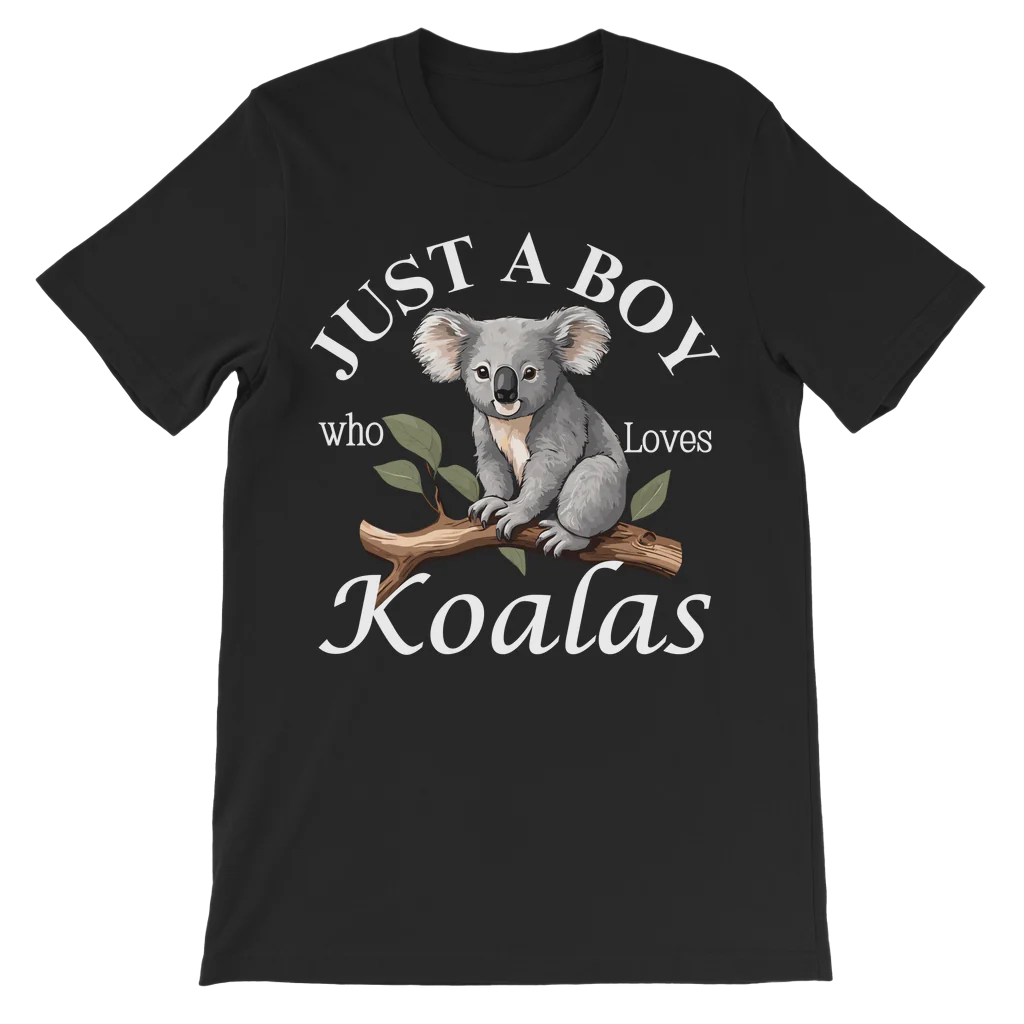 Boys black t-shirt featuring a printed design of a cute koala sitting on a tree branch with the words “Just A Boy Who Loves Koalas” in white text.