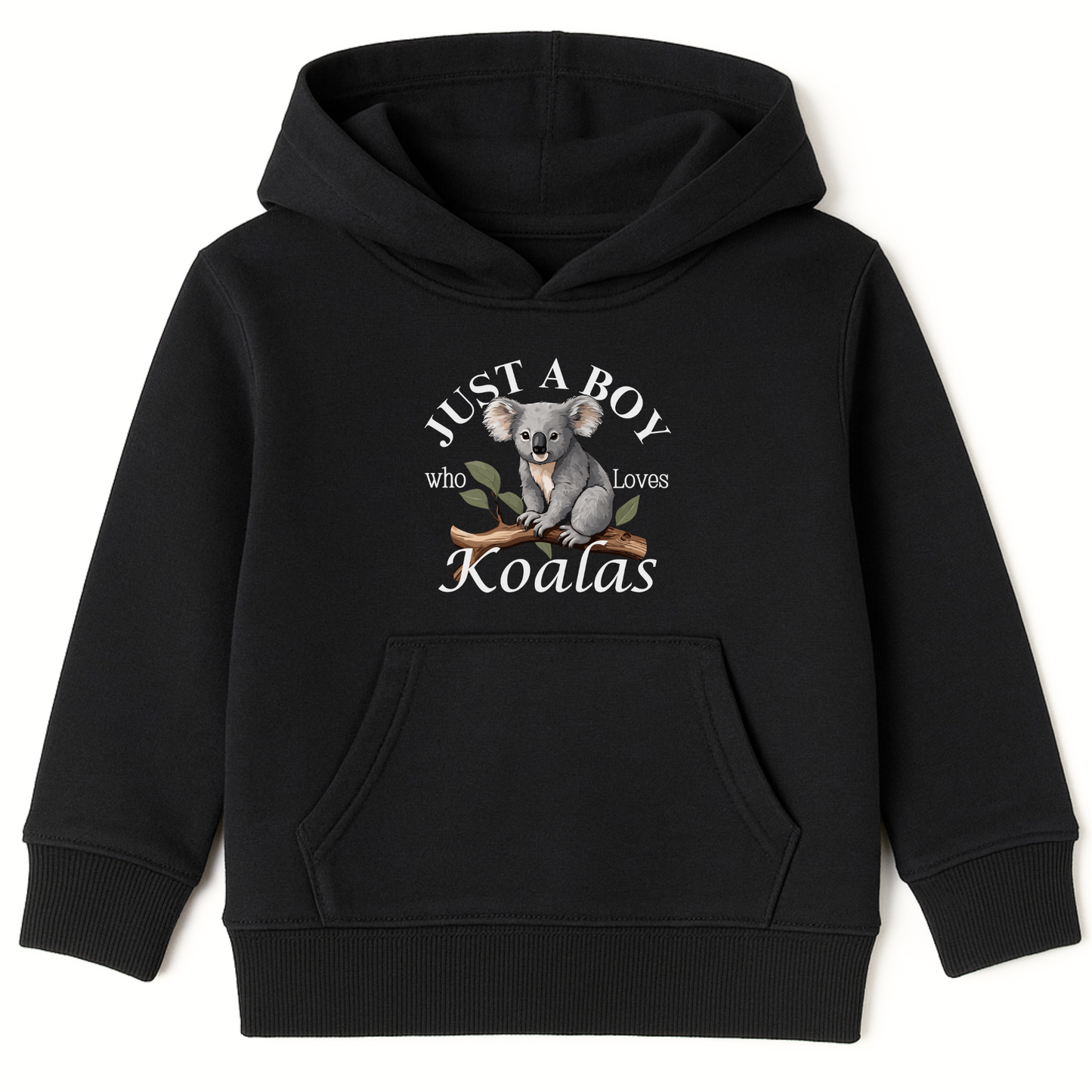 Boys black pullover hoodie featuring a cute graphic of a koala sitting on a tree branch with the words “Just A Boy Who Loves Koalas” printed above and below in white text.