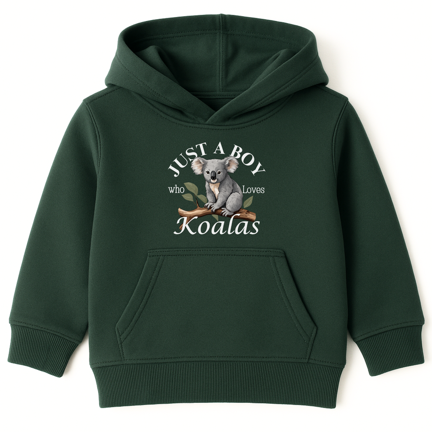 Dark green boys pullover hoodie featuring a cute graphic of a koala sitting on a tree branch with the words “Just A Boy Who Loves Koalas” printed above and below in white text.