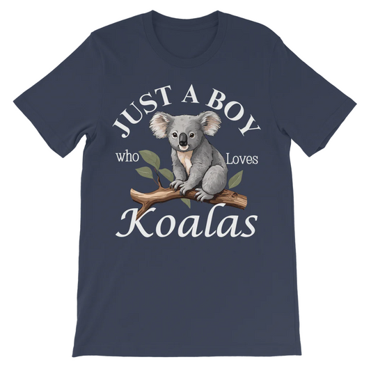 Boys navy t-shirt featuring a printed design of a cute koala sitting on a tree branch with the words “Just A Boy Who Loves Koalas” in white text.