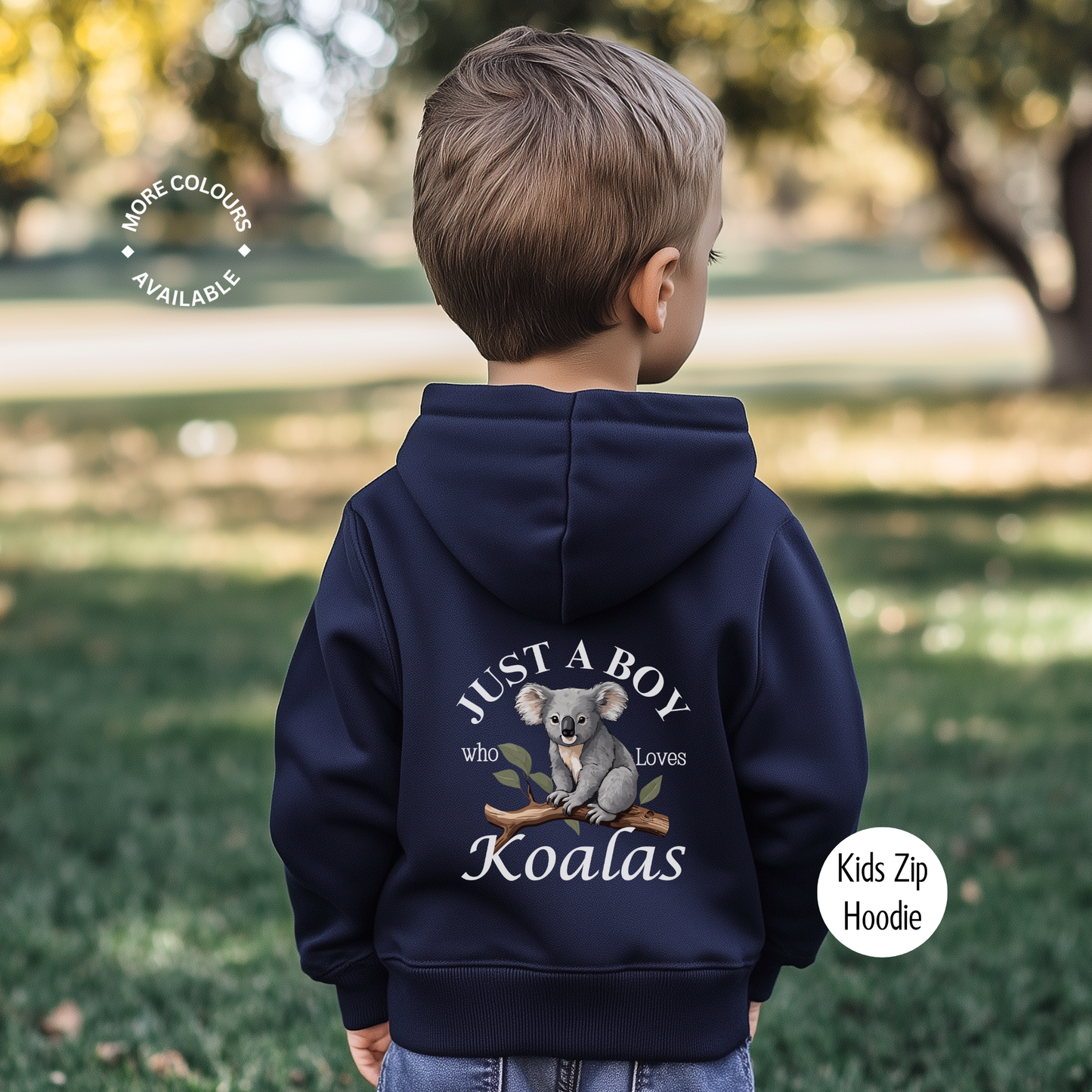 A child wearing a navy blue hoodie with a koala graphic and the text 'JUST A BOY WHO LOVES KOALAS' on the front.