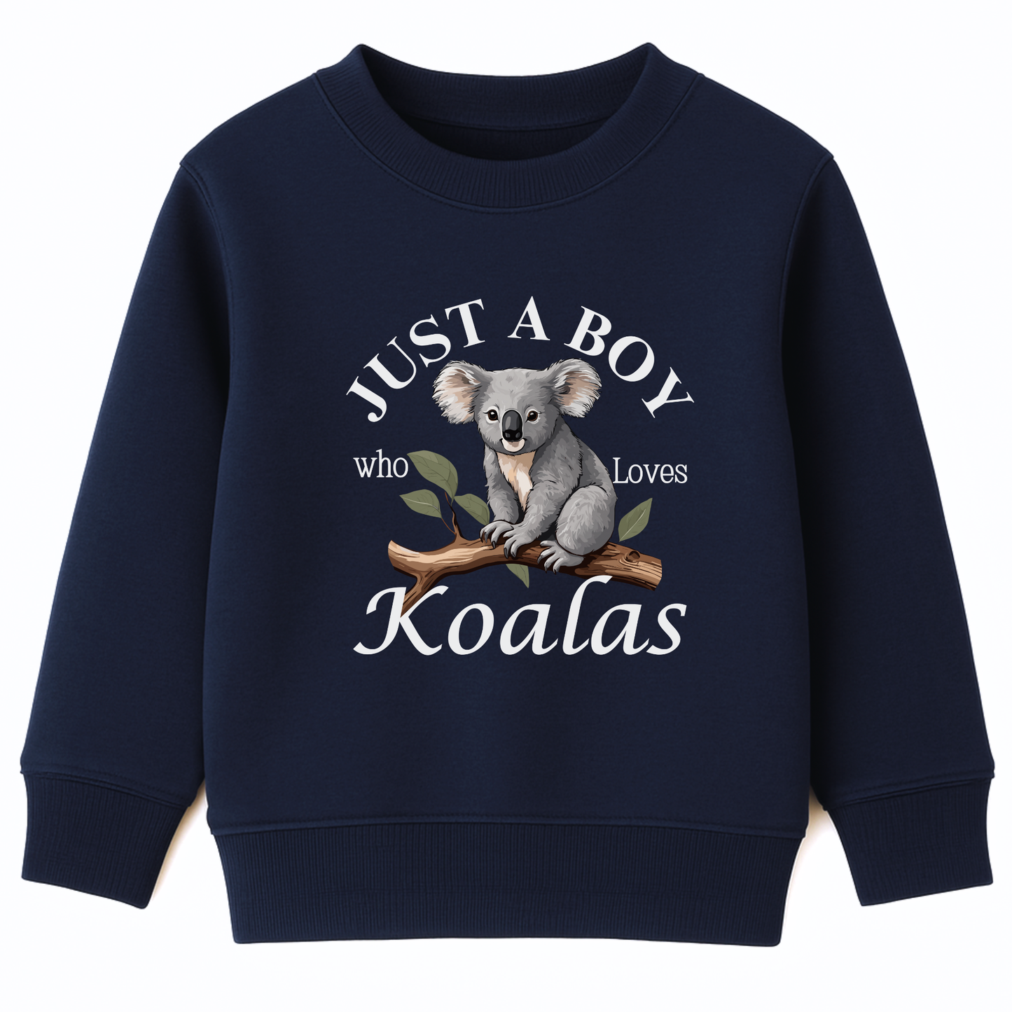 Navy boys sweatshirt featuring a printed design of a cute koala sitting on a brown tree branch with green leaves, surrounded by the words “Just A Boy Who Loves Koalas” in white text.