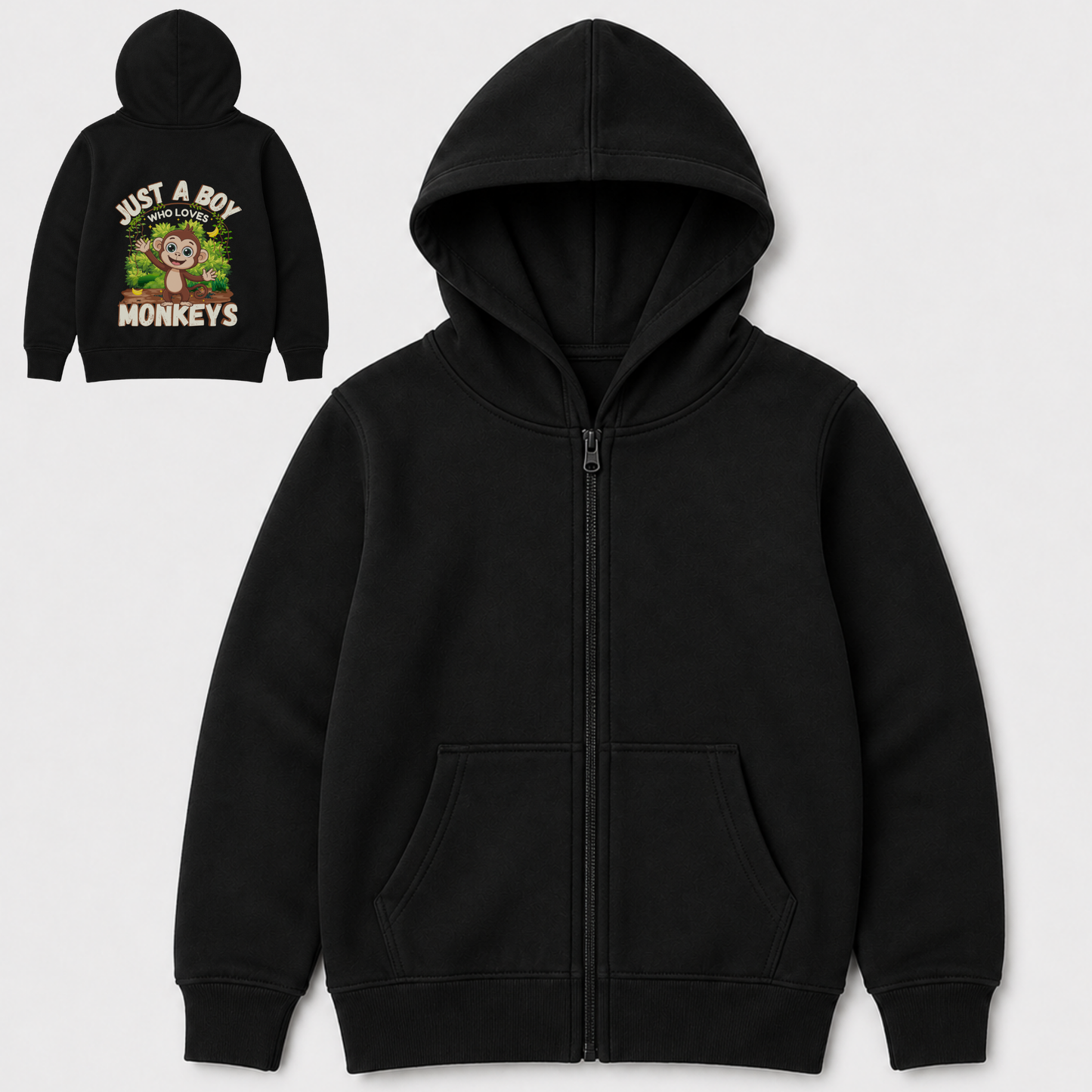 Boys black zip hoodie with front view and back print design showing a colourful "Just A Boy Who Loves Monkeys" cartoon monkey graphic.