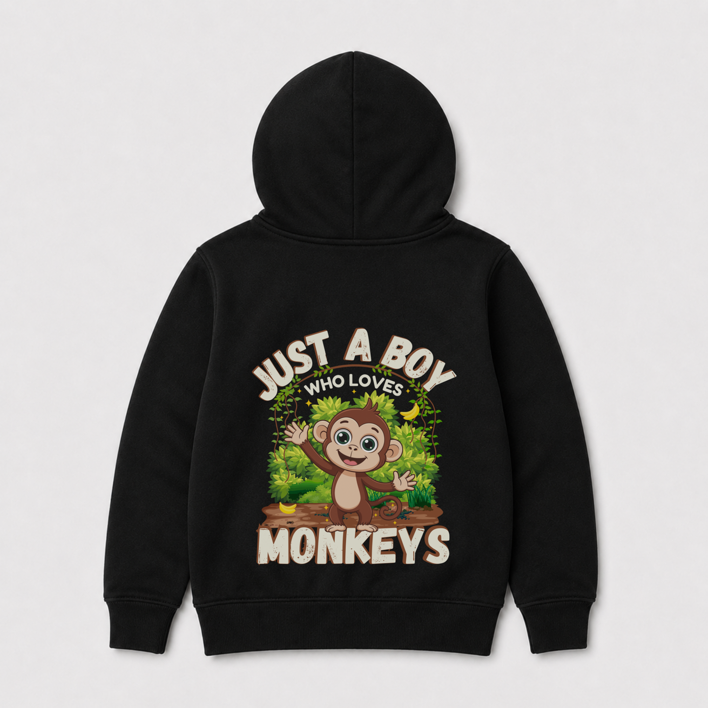 Boys zip hoodie in black with a large "Just A Boy Who Loves Monkeys" back print featuring a cute cartoon monkey and jungle design.