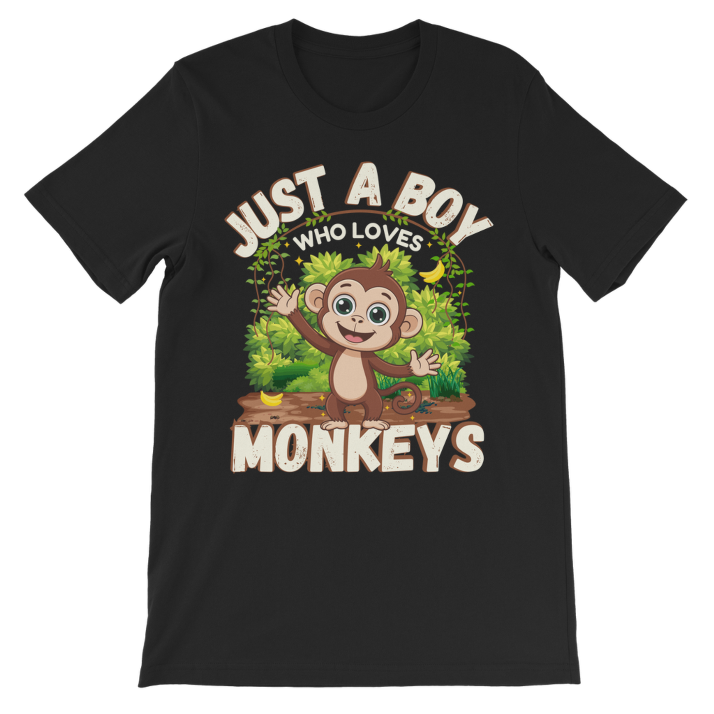 Black kids monkey t-shirt flat lay with cute jungle monkey design and “Just A Boy Who Loves Monkeys” slogan