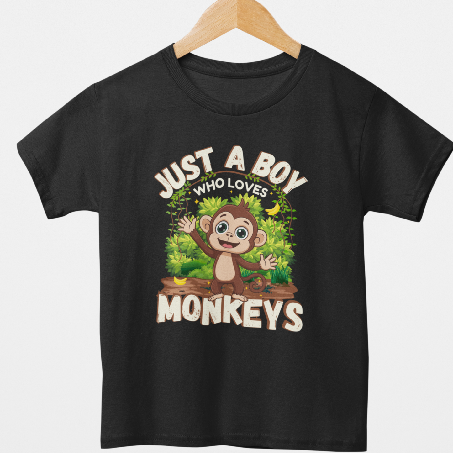 Black kids monkey t-shirt on hanger with “Just A Boy Who Loves Monkeys” jungle animal design