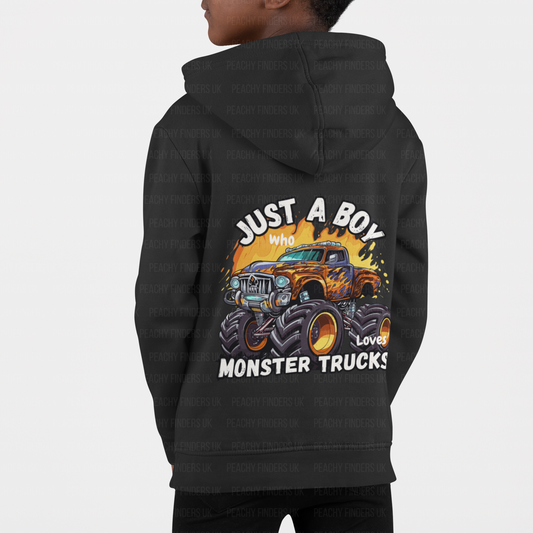 Just A Boy Who Loves Monster Trucks - Kids Full Zip Hoodie (Ages 3-13 yrs)