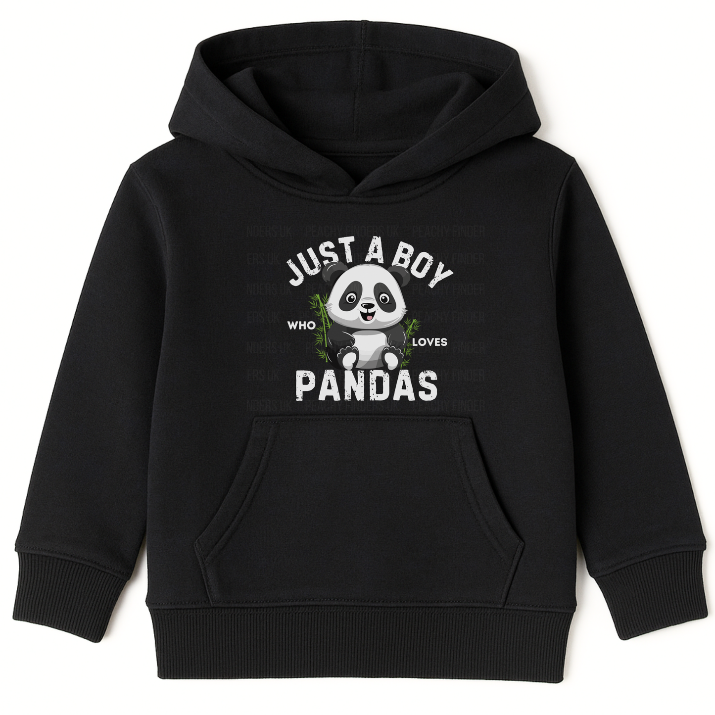 Kids black panda hoodie with “Just a Boy Who Loves Pandas” animal design front view