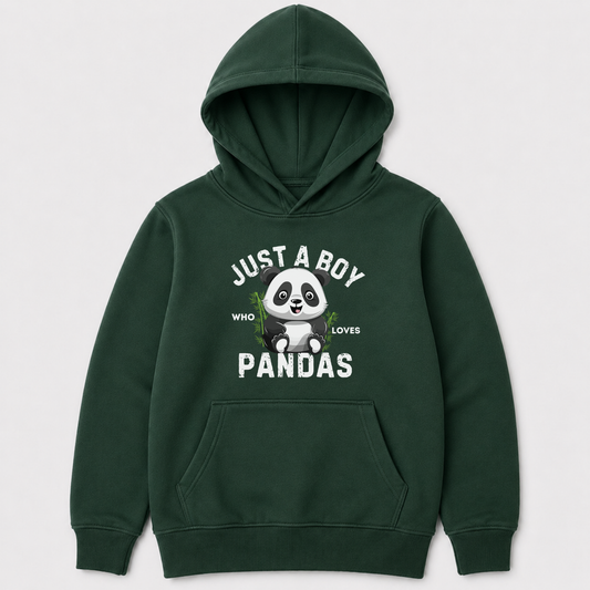 Boys dark green panda hoodie with “Just a Boy Who Loves Pandas” printed graphic front view