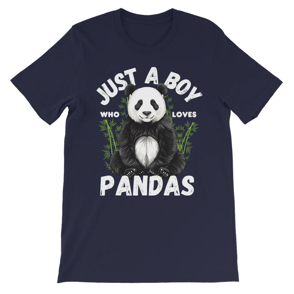 Kids navy t-shirt with a panda graphic and text on a white background