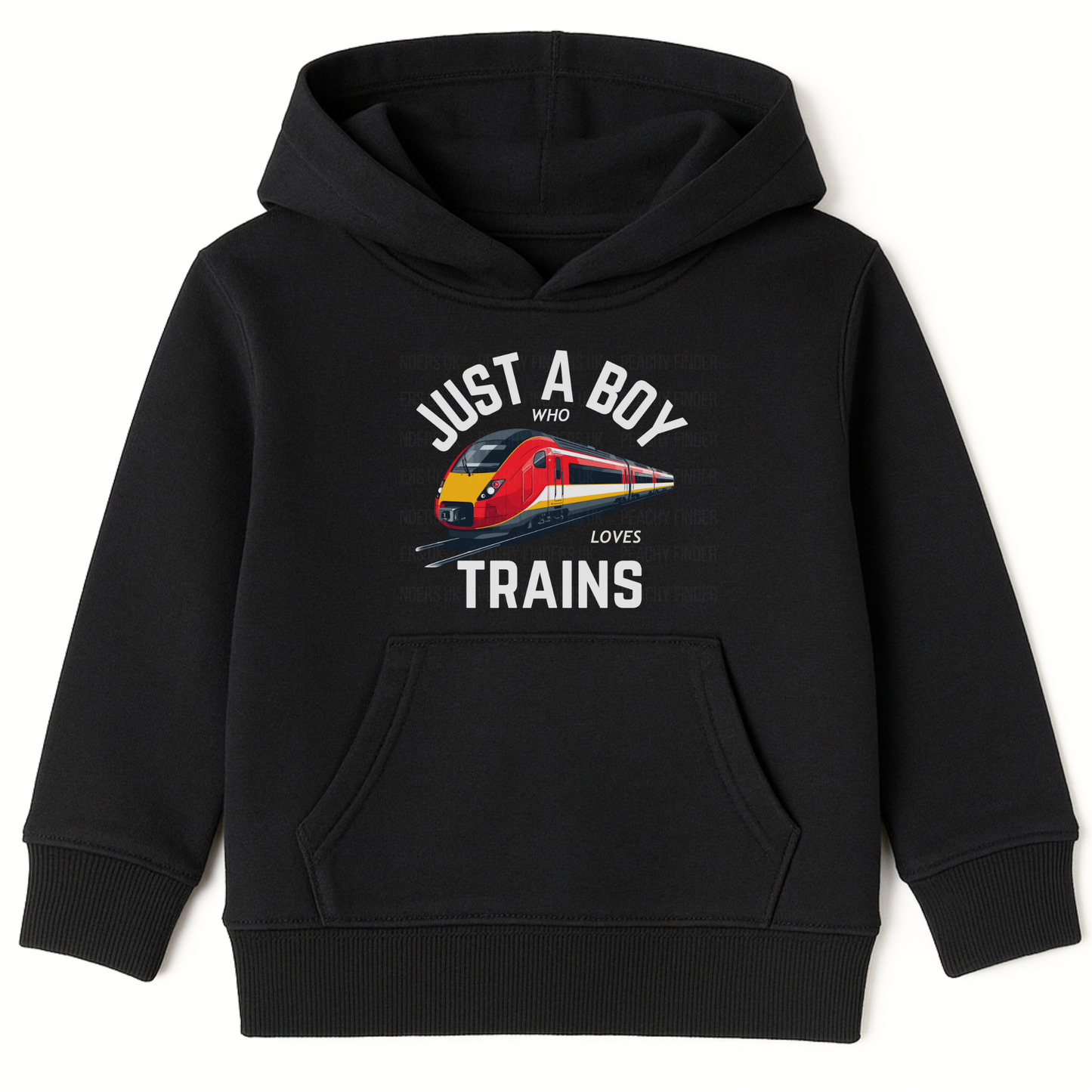 Kids black hoodie with “Just a Boy Who Loves Trains” design and red modern train illustration.
