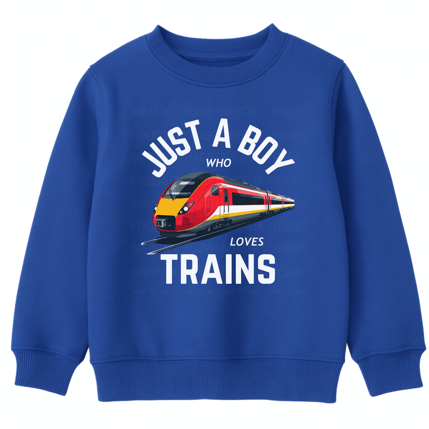 Royal Blue kids sweatshirt with “Just a Boy Who Loves Trains” text and red modern train graphic on the front.