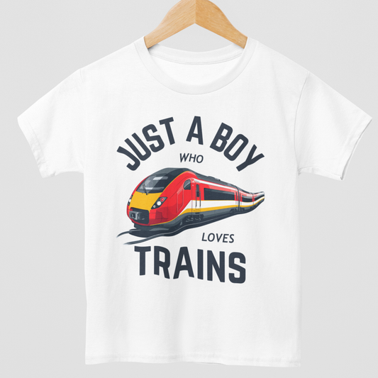 Boys ‘Just a Boy Who Loves Trains’ T-shirt in white with a bright red and yellow train graphic.