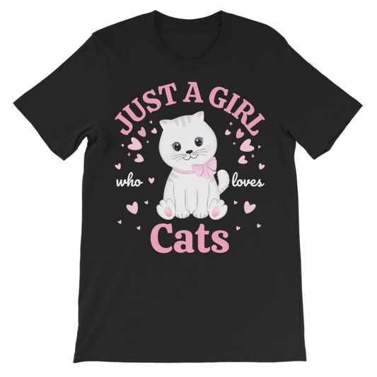 Kids black cotton t-shirt featuring a cute white kitten with pink bow surrounded by hearts and text ‘Just a Girl Who Loves Cats’
