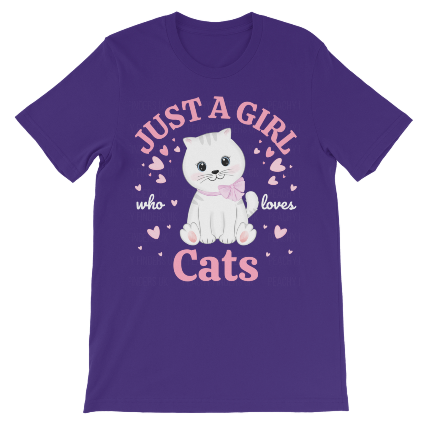 Girls purple t-shirt with a cat graphic and text on a white background