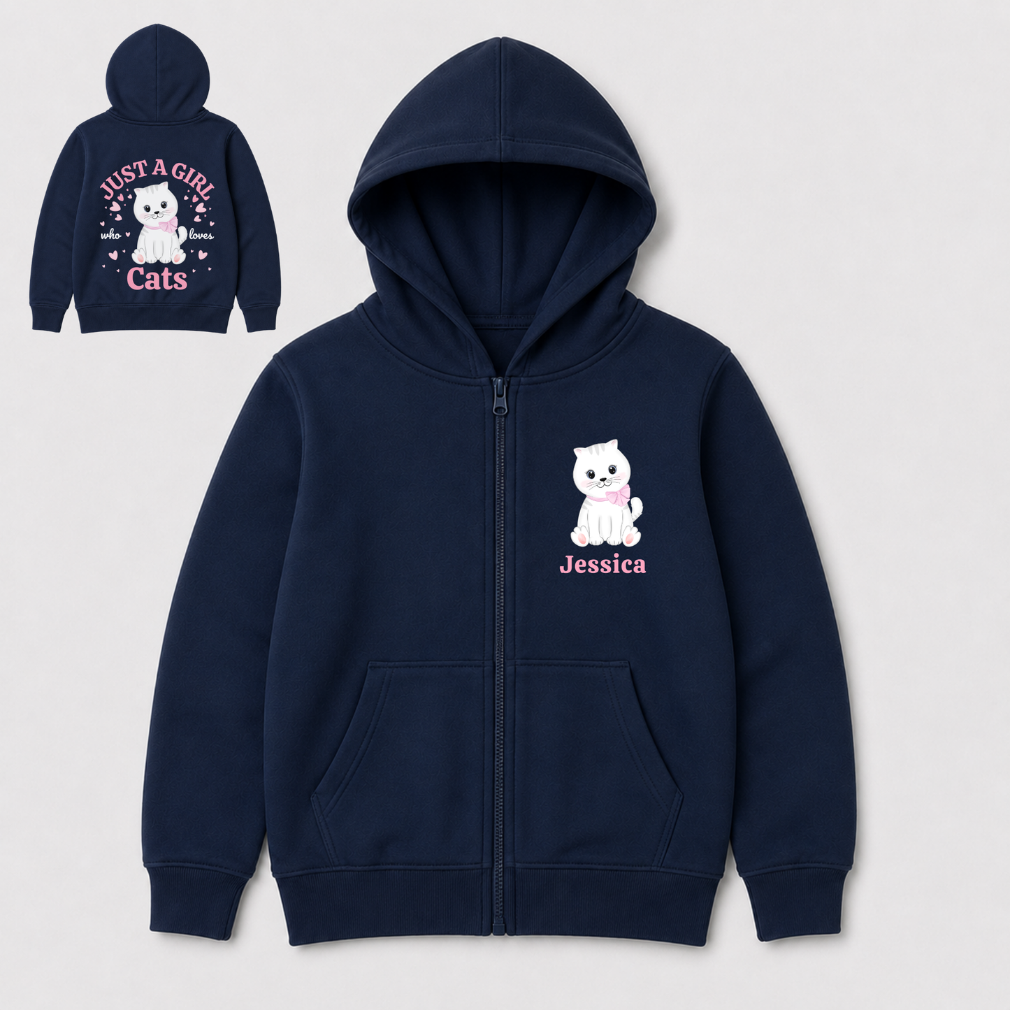 Girls personalised navy zip hoodie featuring a kitten and name chest print, with a large cat-lover slogan and pink heart design on the back.