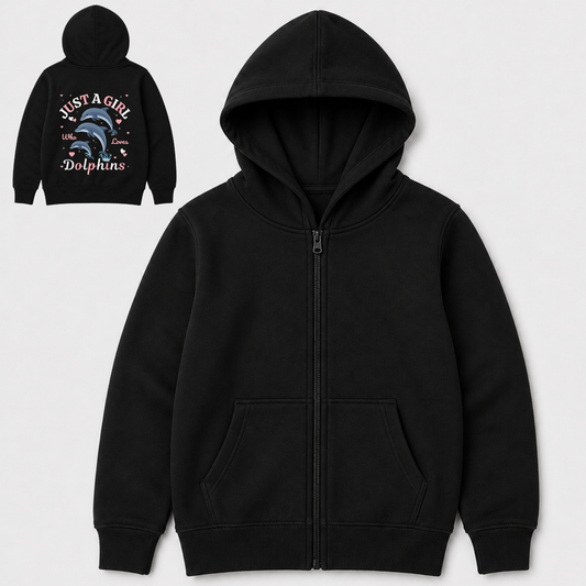 Girls full zip-up hoodie in black shown from the front with a smaller inset back view featuring a pink and blue “Just a Girl Who Loves Dolphins” design.