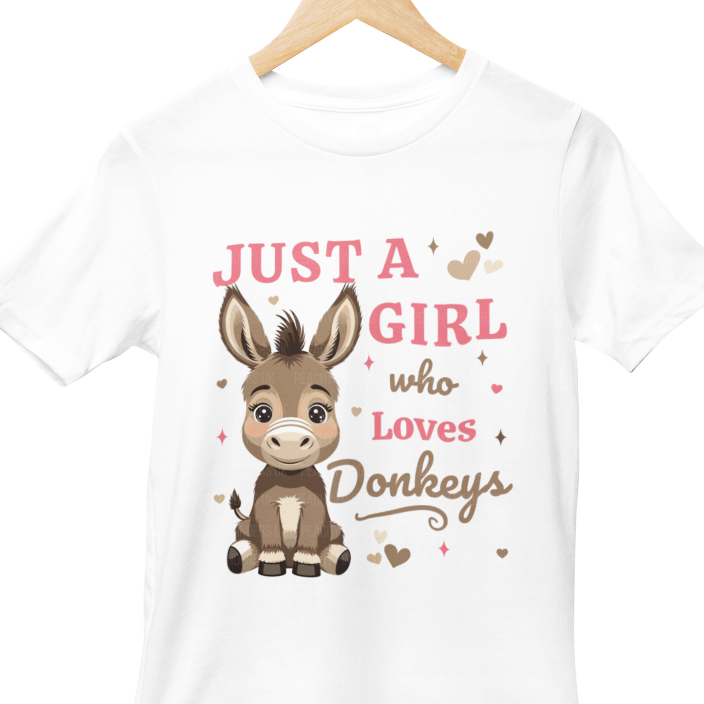 Kids white t-shirt with a cartoon donkey and 'just a girl who loves donkeys' on a wooden hanger