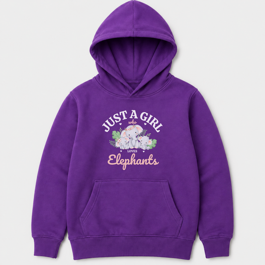 Kids purple hoodie with “Just a Girl Who Loves Elephants”. Mother and baby elephants surrounded by green leaves and pink hearts.