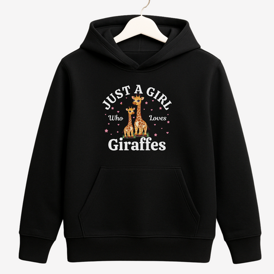 Kids black pullover hoodie featuring ‘Just a Girl Who Loves Giraffes’ design with two cartoon giraffes and pink hearts.