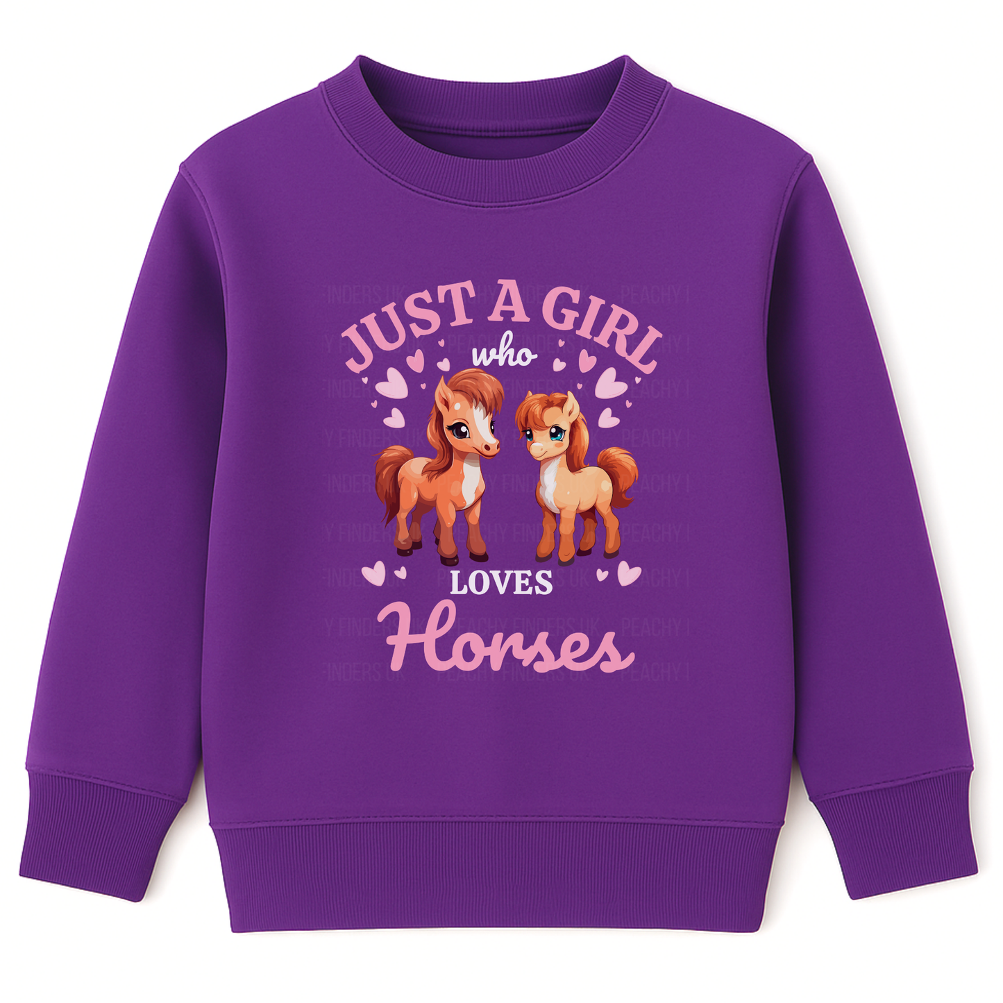 Kids purple sweatshirt with horse illustration and slogan on a white background