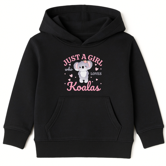 Girls black hoodie featuring the printed design “Just A Girl Who Loves Koalas” with a cute cartoon koala surrounded by pink hearts.